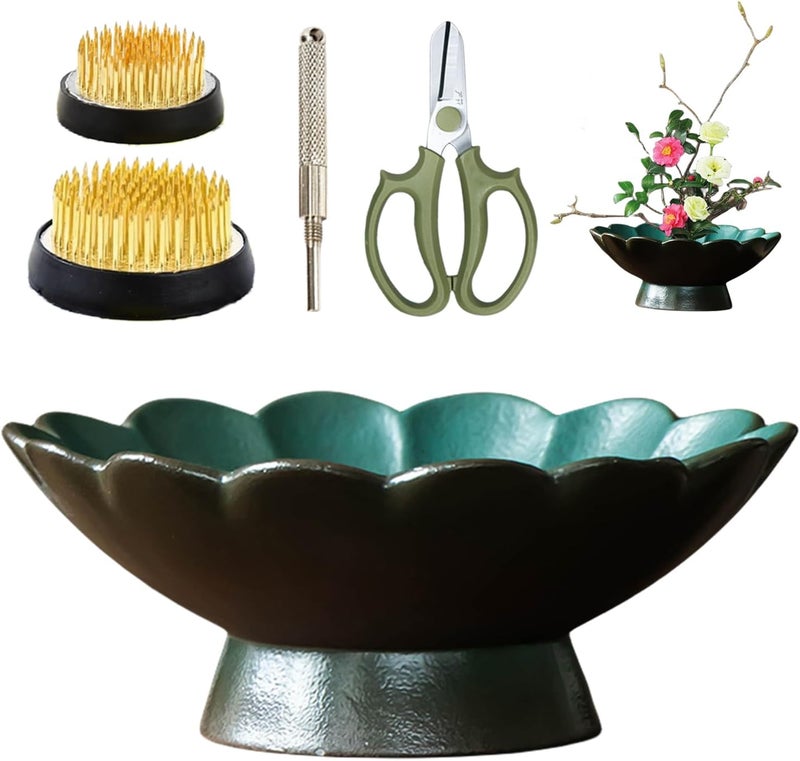 WEOPYCJ Store Japanese Ikebana, Lotus Shaped Ceramic Bowl Vase, Flower Arranging Supplies Kit with 2pc Round Floral Frog 1 Scissors 1 Kenzan Straightener - Image 1